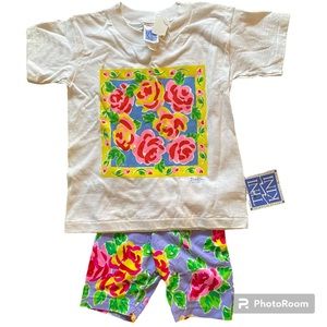New Vintage kids girls Tini Kini Swimwear by Cary floral T-shirt swim shorts 4 5